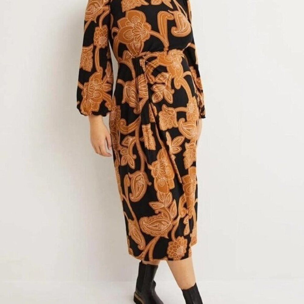 Boden Womens Dress Uk 14 US 10 Brown Floral Midi Stretch Long Sleeve D0431 NWT